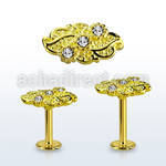 lbtfw4c gold 316l steel labret, 16g w a leaf top w crystals