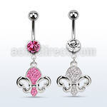 mcd498 316l steel belly banana w crystal fleur de lis