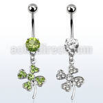 mcd541x cz belly banana w dangling crystal studded shamrock leaf