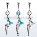 mcd601b 316l steel belly banana w dangling faux turquoise balls
