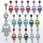 mcd668 belly banana w a dangling crystal studded hamsa design