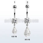 mcd710 steel belly banana w a dangling tear drop shaped crystal