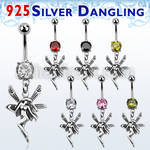 mcdvd12 316l steel cz belly banana w dangling silver fairy