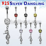 mcdvd13 steel cz belly banana w dangling silver sea horse