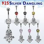 mcdvd14 316l steel cz belly banana w dangling silver hamsa