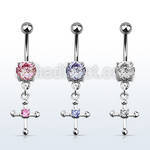 mcdz14 316l steel belly banana w prong cz cross w round cz