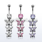 mcdz289 316l steel belly banana w a chain of 3 cz butterflies