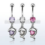 mcdz300 316 steel belly banana w prong cz dolphin w cz stone