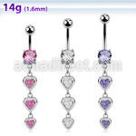 mcdz350 316l steel belly banana with 3 dangling cz hearts