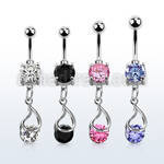 mcdz416 steel cz belly banana w dangling snap fit round cz 