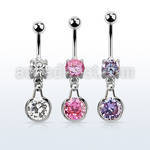 mcdz417 steel cz belly banana w round dangling w cz stone
