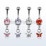 mcdz589 steel cz belly banana w dangling butterfly w cz