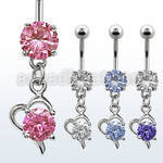 mcdz9 316l steel belly banana w prong cz dangling heart w cz