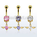 mdgz367 gold 316l steel belly banana w dangling heart cz stone
