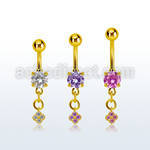 mdgz411 gold steel belly banana w dangling flower w cz stones
