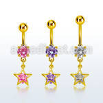 mdgz414 gold steel belly banana w dangling star shape w round cz