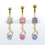 mdgz416 gold cz belly banana w dangling snap fit round cz 