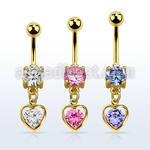mdgz419 gold cz belly banana w dangling heart w cz center