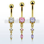 mdgz522 gold anodized belly banana w a dangling oval shaped cz