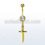 mdk768 gold plated steel belly banana w jewel ball & dagger 