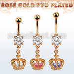 mdrz590 rose gold steel belly banana w cz dangling crown w cz