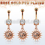mdrz726c rose gold cz belly banana w dangling plain sun 