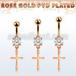 mdrz757 rose gold steel belly banana w prong set cz plain cross