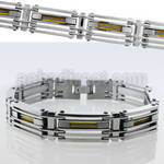mgb20 steel bracelet w layered polished links gold accents