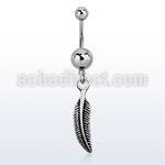 msd638 316l steel belly banana w a dangling curved feather