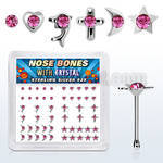 nbbxm4 box of silver nose bones with assorted rose crystal tops
