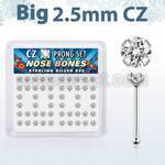 nbzbc25 box of silver nose bones w 2 5mm clear prong set cz