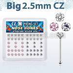 nbzbm25 box of silver nose bones with 2 5mm prong set cz