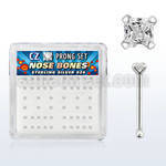 nbzqc box of silver nose bones with 2mm square clear prong cz