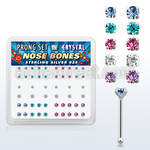 npbmm box of silver nose bones with assorted prong crystals