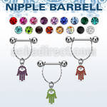 npdl13 steel nipple barbell w chain dangling small hamsa