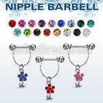 npdl19 steel nipple barbell w chain dangling crystal flower