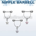 npdl22 steel nipple barbell w chain dangling small cz flower 