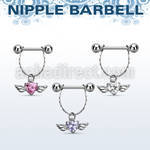 npdl26 steel nipple barbell w chain dangling heart shaped cz
