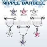 npdl34 steel nipple barbell dangling prong set star shaped cz 