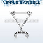 npdl36 steel nipple barbell w dangling french mustache design
