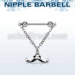 npdl37 steel nipple barbell w dangling happy mustache design