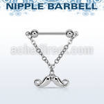 npdl38 steel nipple barbell w dangling happy mustache design
