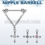 npdl3 steel nipple barbell w a dangling cross w cz stone