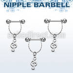 npdl8 steel nipple barbell w chain dangling musical note 