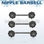 npsh22 surgical steel nipple barbell w 2 black roses on the end