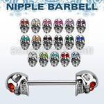 npskc 316l steel nipple barbell w 316l steel crystal skulls