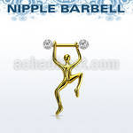 nptd15 gold pvd plated nipple barbell w crystals hanging man 