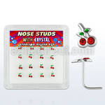 nsch16 box of silver nose studs w crystal cherries with leaves