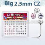 nszbm25 box of silver nose studs w big 2 5mm prong set cz