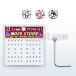 nszbm box of silver nose studs with assorted color prong cz